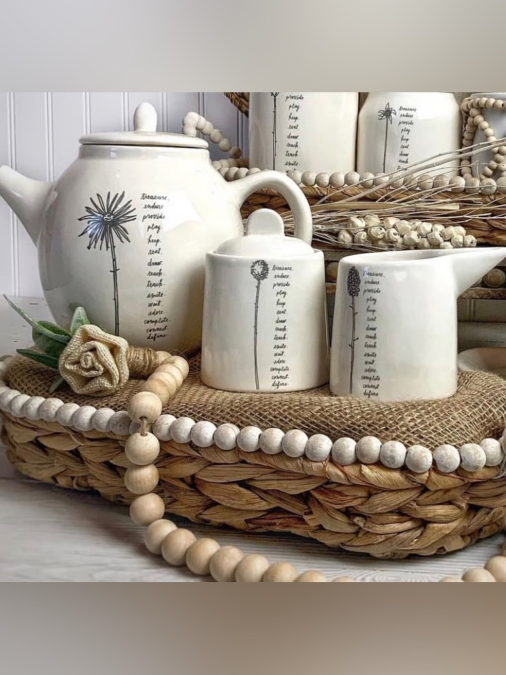 Rae Dunn Stemline Tea Pot, Cream and Sugar Set